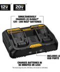 Dual 12V To 20V MAX Battery Charger For Li Ion Batteries With Two USB Ports, Simultaneous Fast Charge, showing ports and labels