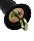 Close-up of black Four Pack Plastic Electric Fence Gate Handle with Insulators and Spring, metal hook detail