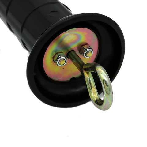 Close-up of black Four Pack Plastic Electric Fence Gate Handle with Insulators and Spring, metal hook detail