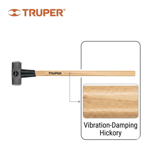 12 Lb Sledge Hammer with 36 Inch American Hickory Handle, double faced forged steel head, close-up on hickory material