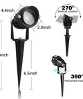 6 Pack 10W Low Voltage LED Landscape Lights Outdoor Spotlight 12V Warm White 1000 Lumens Waterproof Uplight Kit dimensions and rotation