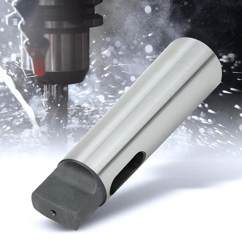 Side view of taper reducing drill sleeve MT5 to MT4 in silver high-speed steel; precision machined.