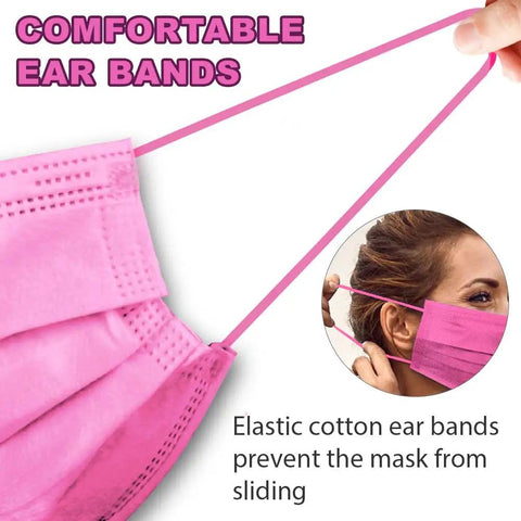 100 Pack 3 Ply Disposable Face Masks For Adults Men Women Multicolor With Upgraded Water Electret Melt Blown Cloth, pink mask with ear bands