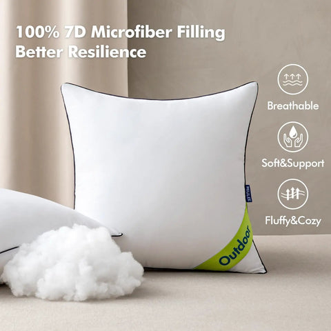Outdoor Pillow Inserts 18x18 Inch, Waterproof, 4 Pack, Plush 7D Polyester Fiber Fill Cushions shown with filling detail