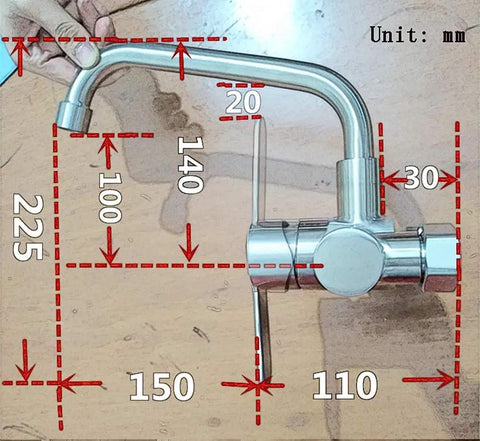 304 Stainless Steel Kitchen Faucet Inwall Hot & Cold Double Hole Mixer Tap Swivel Spout for Mop Sink, measuring 225mm height.