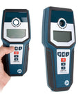 Professional Stud Finder Wall Scanner With Automatic Calibration To Nail Your Drywall Projects And Locate Rebar Pipes Plus Live Wires Using Hella Reliable Detection held in hand with screen and buttons visible.