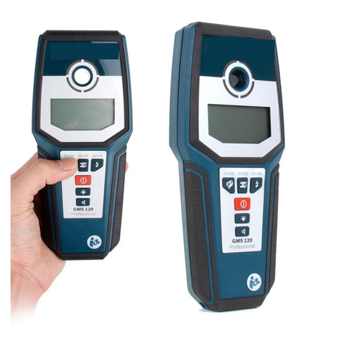 Professional Stud Finder Wall Scanner With Automatic Calibration To Nail Your Drywall Projects And Locate Rebar Pipes Plus Live Wires Using Hella Reliable Detection held in hand with screen and buttons visible.