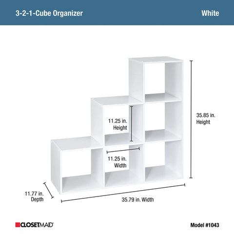 Three Two One Cube Storage Shelf Organizer Bookshelf With Three Tiers Corner Unit In White Wood Finish showing dimensions