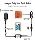 Diagram showing 164ft LED String Lights With 500 LEDs, copper wire, power adaptor, cables, and remote control for decor.