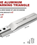 Aluminum warning triangle bracket with dimensions, includes 8 bolts and 8 nuts, shown for Two Pack Slow Moving Vehicle Signs With Mounting Brackets.