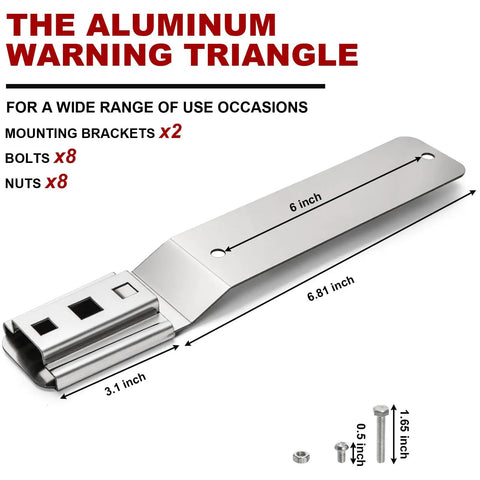 Aluminum warning triangle bracket with dimensions, includes 8 bolts and 8 nuts, shown for Two Pack Slow Moving Vehicle Signs With Mounting Brackets.