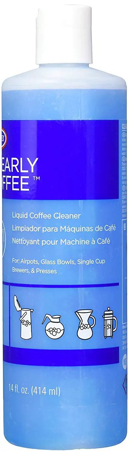 Clearly Coffee Pot Cleaner 3 Pack No Fuss For Glass Bowls French Press Airpots Satellite Brewers And Thermal Servers Busts Coffee Oils NSF Certified For Metal Compatibility Made In USA Blue Liquid Cleaner bottle