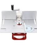 Premium Router Lift Kit With Table Plate Insert Universal Fit For 64 To 66 Mm Motors smooth aluminum surface and adjustment mechanism.