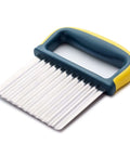 Crinkle cutter knife with stainless steel ridged blade and yellow-blue plastic handle