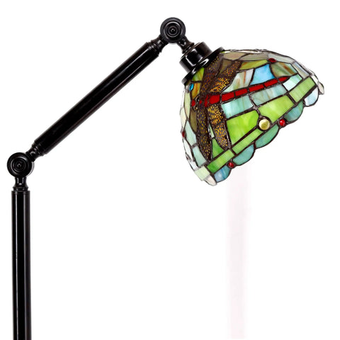 Close-up of Tiffany Style Stained Glass Floor Lamp Dragonfly Vibe in Green and Red 72 Inch Tall with Swivel Reading Arm, black arm detail