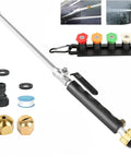 7 In 1 High Pressure Hose Nozzle With 0 To 65 Degree Adjustable Spray for Jet Stream and Wide Fan displayed with accessories