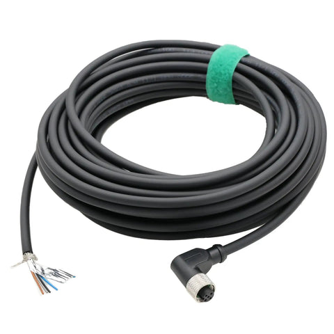 M12 A Coded 5 Pin Female Actuator Sensor Cable With Right Angle Connector To Bare Wire Leads, coiled and prepared for industrial use
