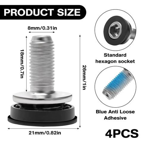 4 Pack Bike Hex Crank Arm Bolts 8mm M8 Thread High Strength Steel with anti loose adhesive shown with dimensions and socket details