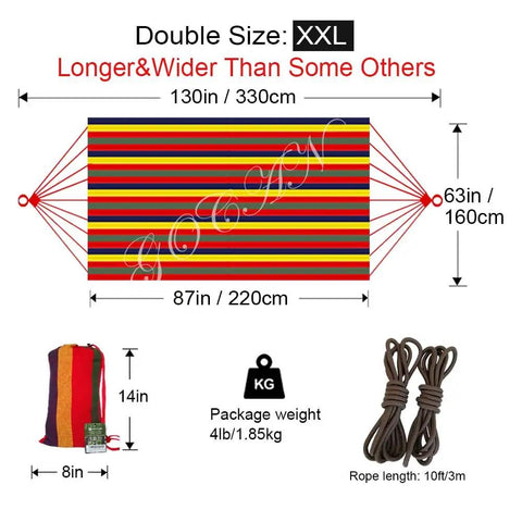 Extra Large Double Hammock For Two With 330cm Total Length And 500lb Capacity Canvas Cotton Super Comfy Outdoor Living For Patio Porch Garden Outdoor Indoor Rainbow XXL showing size and weight details