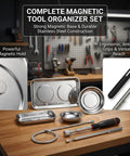 Telescoping magnetic pickup tool set with stainless steel trays, front view on workbench
