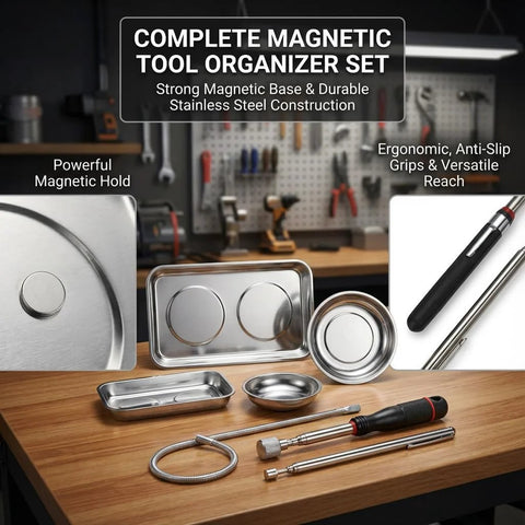 Telescoping magnetic pickup tool set with stainless steel trays, front view on workbench
