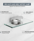 Zinc Alloy Glass Shelf Support Clamp Rock Solid Mounting Bracket for Bathroom Cabinets with easy install hardware on display