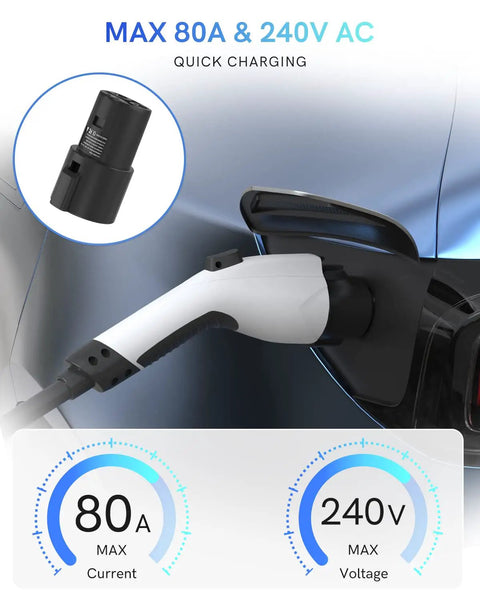 Sae J1772 To Tesla Charging Adapter Plug And Go With 80 Amp 240 Volt Max, quick charging in action with white connector.