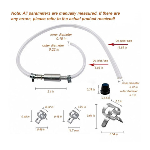Universal Brake Bleeder Hose Kit With One Way Check Valve For Cars And Motorcycles showing dimensions and components