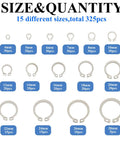 325 Pieces 304 Stainless Steel External C Clips Circlips Retaining Snap Ring Assortment Set For Shafts Cylinders Valves Machinery and DIY Enthusiasts Pro Grade Outdoor Projects shown in various sizes from 4mm to 28mm.