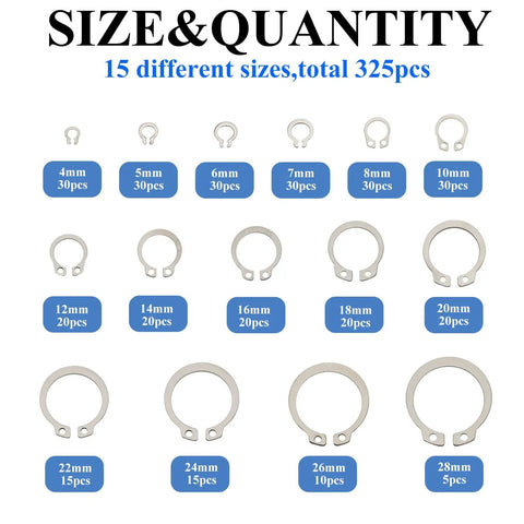 325 Pieces 304 Stainless Steel External C Clips Circlips Retaining Snap Ring Assortment Set For Shafts Cylinders Valves Machinery and DIY Enthusiasts Pro Grade Outdoor Projects shown in various sizes from 4mm to 28mm.