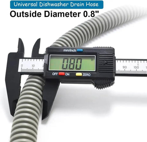 Caliper measuring 0.8 inch on Six Foot Universal Dishwasher Drain Hose With No Fuss Trim To Fit Eleven Sixteenth Inch Or One And One Eighth Inch Dishwasher End And Five Eighth Inch Three Quarter Inch Or One Inch Sink Or Garbage Disposal End With Stainless Steel Clamps.