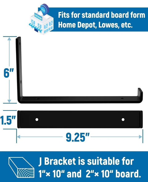 10 Inch Shelf Brackets 6 Pack Heavy Duty Industrial Floating Shelf Support dimensions illustration, black powder coated.