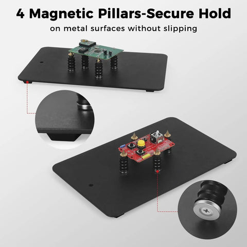Go-To Hands-Free Soldering Station with magnetic pillars holding circuit boards on a metal surface, secure and stable.