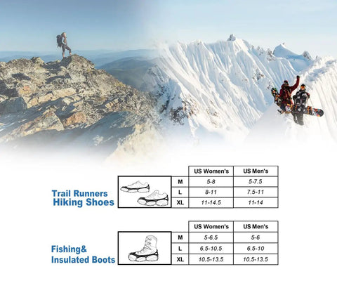 Hikers on snowy mountain with size chart for Trail Runners Hiking Shoes, compatible with Rugged Ice Cleats With True Stainless Steel Spikes.