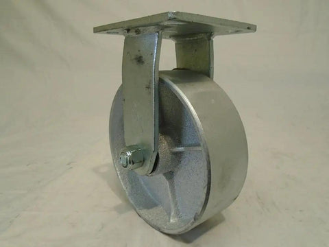 Straight Up Heavy Duty 6 Inch Kingpinless Casters With Top Lock Brake And Semi Steel Wheels Two Swivel Two Rigid Set close-up of sturdy caster with metal bracket.