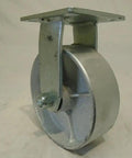 Heavy Duty 6 Inch Swivel Caster Kingpinless Semi Steel Iron Wheel Set With Two Rigid Units 1200 Lb Rating showing a durable metallic wheel.