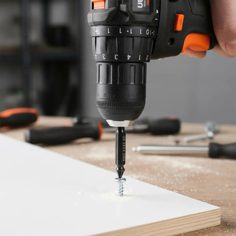 Power drill using Six Piece Damaged Screw Extractor Set For Easy Out Bolts, Stripped Screw Remover Tool, And Stud Removal on wood panel