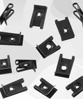 Assorted black phosphate clips from 225 Piece SAE U Nut Clip Assortment Kit With Six Sizes For Auto Car Speed Nuts Fasteners In Storage Box Perfect For Dash Door Panel And Interior Trim On Your Ride scattered on white background