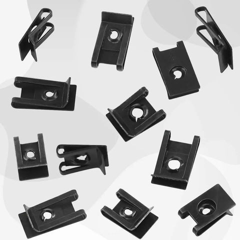 Assorted black phosphate clips from 225 Piece SAE U Nut Clip Assortment Kit With Six Sizes For Auto Car Speed Nuts Fasteners In Storage Box Perfect For Dash Door Panel And Interior Trim On Your Ride scattered on white background