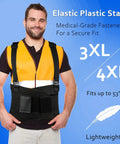 Heavy Duty Lumbar Back Brace With Four Flexible Orthopedic Stays For Killing Lower Back Pain Cold And Handling The Daily Grind Built For Movers To Keep Your Spine Locked In Solid All Shift Long, worn by man with orange safety vest.