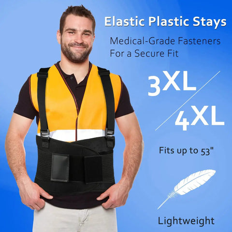 Heavy Duty Lumbar Back Brace With Four Flexible Orthopedic Stays For Killing Lower Back Pain Cold And Handling The Daily Grind Built For Movers To Keep Your Spine Locked In Solid All Shift Long, worn by man with orange safety vest.