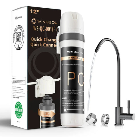 Under Sink Water Filter System With Black Faucet NSF ANSI 42 And 53 Certified Anti Clog Pleated Filter visible with packaging.