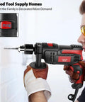 Man using 850W Corded Hammer Drill with 1/2 inch chuck, drilling into wall, wearing safety goggles, close-up view
