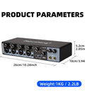 4-Channel USB Audio Interface With ASIO, 24-Bit 192 KHz Recording, dimensions and weight details displayed, black unit.