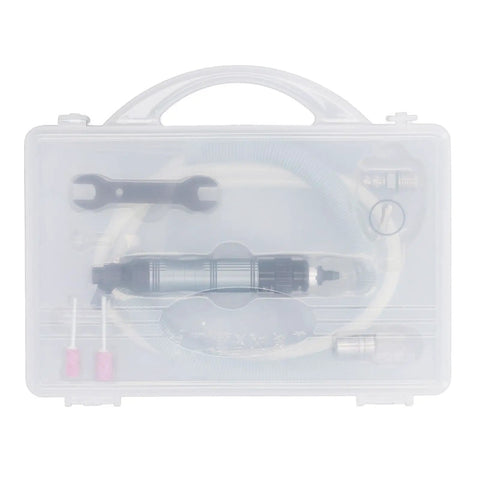 High Performance Mini Air Die Grinder With Quarter Inch Collet And Blistering 70000 RPM Speed for grinding tasks in clear case.
