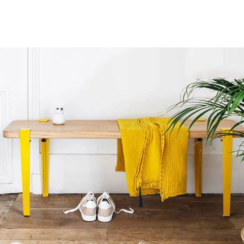 Wooden bench with No Drilling Required 28 Inch F-Shape Table Legs 4 Pack Adjustable Metal Desk Legs, yellow finish, in room decor.