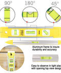 9-inch magnetic box level with three bubble vials (45°, 90°, 180°) on a yellow aluminum torpedo frame
