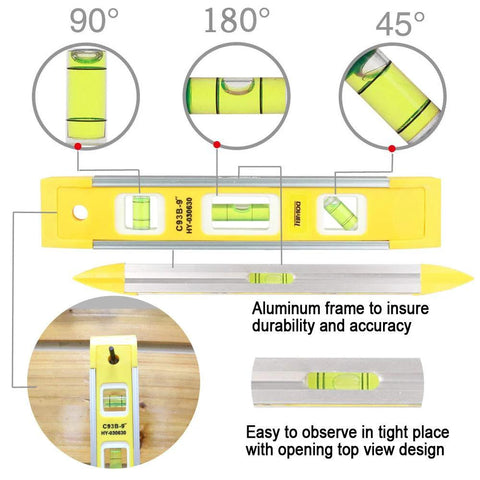 9-inch magnetic box level with three bubble vials (45°, 90°, 180°) on a yellow aluminum torpedo frame
