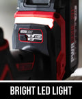 Power Core 20 Brushless 20V compact hammer drill work light close-up with LED indicator and PWR Jump Charger variable speed settings.