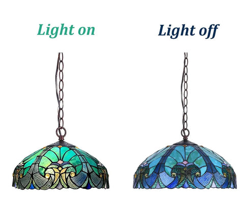 Tiffany Style Stained Glass Pendant Light With 16 Inch Wide Shade shown lit and unlit on a 60 inch adjustable chain.